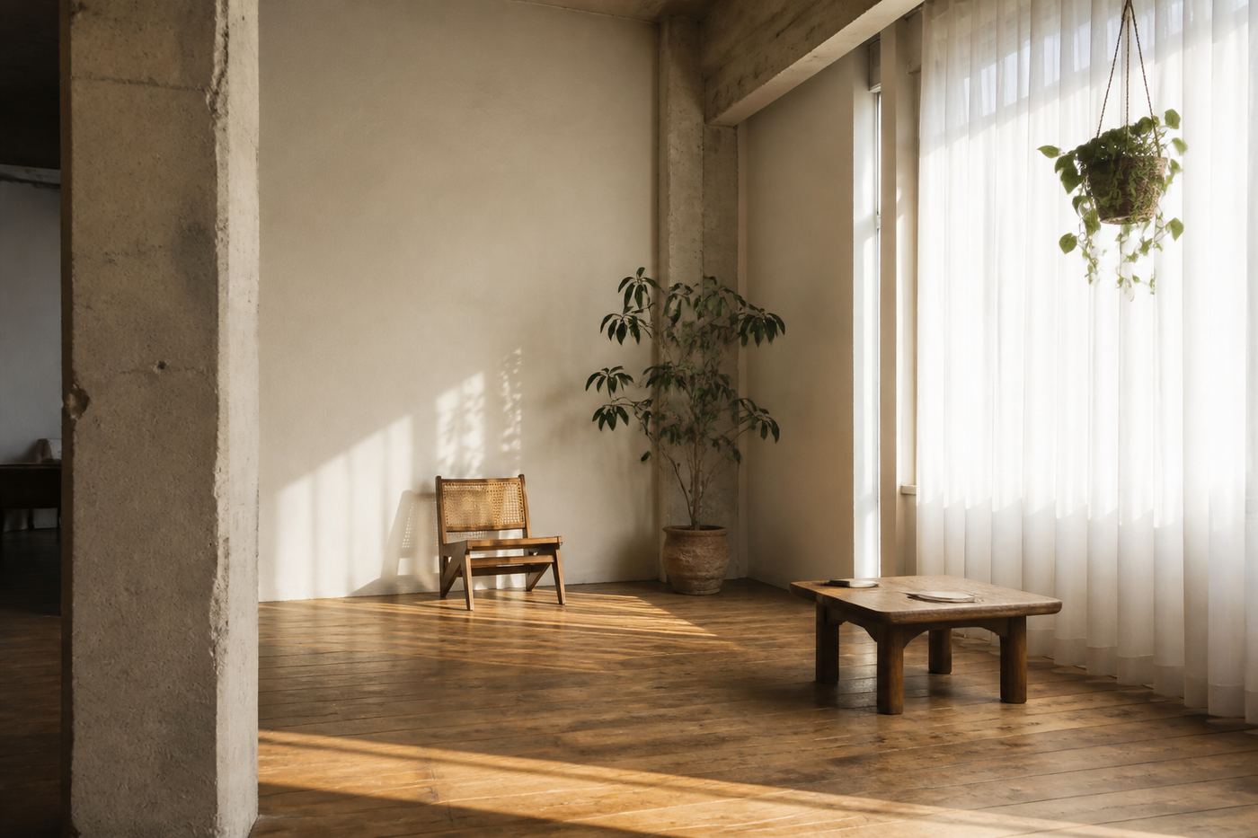 Sunlit empty loft with sheer curtains and a wooden chair