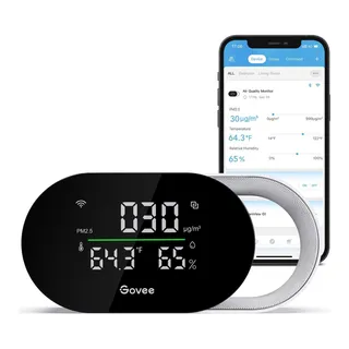 Govee H5106 air quality monitor showing PM2.5, temperature and humidity, beside the Govee app